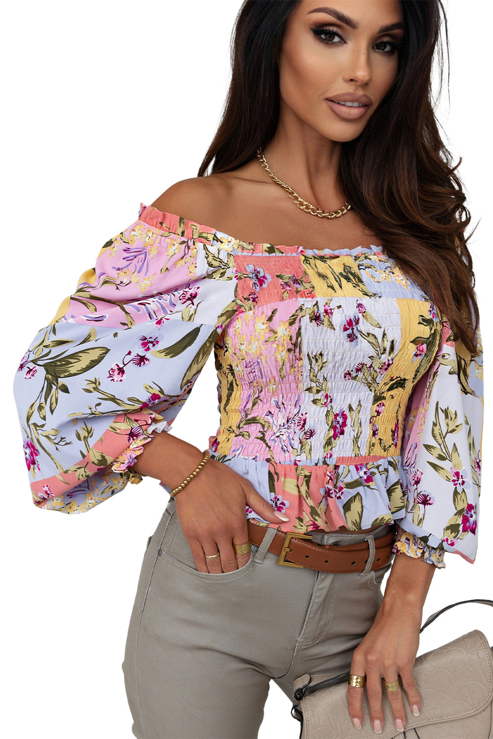 Smocked Floral Frilled Trim Square Neck Blouse