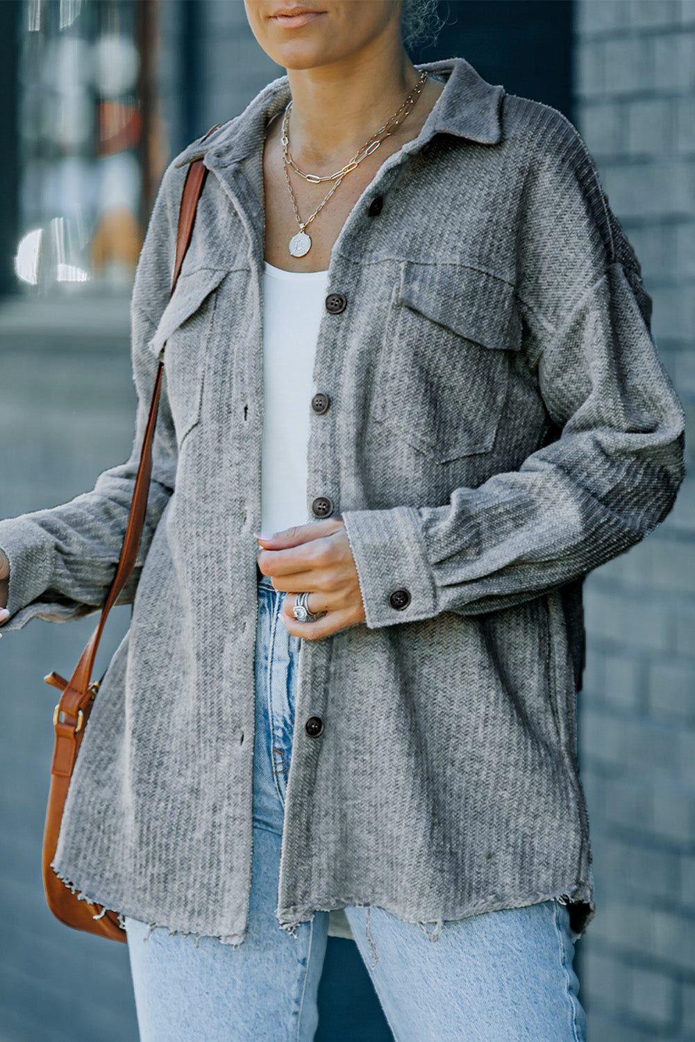 Gray Textured Button Down Shirt Jacket with Pockets