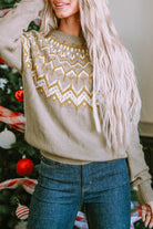 Geometric Pattern Ribbed Round Neck Sweater