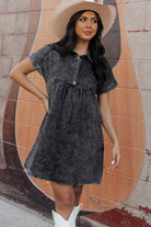 Acid Wash Button Front Collared Short Sleeve Denim Dress