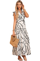 Abstract Vein Print V Neck Ruffle Maxi Dress