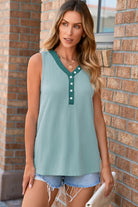 Buttoned Contrast V Neck Textured Tank Top