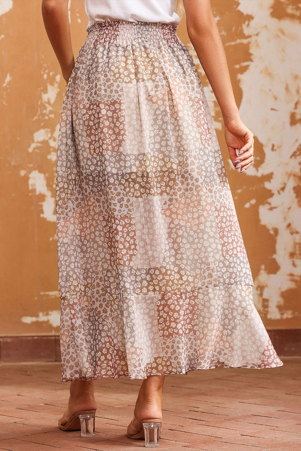 Boho Flower Print Smocked Waist Button Slit Maxi Skirt