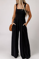 Smocked Sleeveless Wide Leg Jumpsuit with Pockets