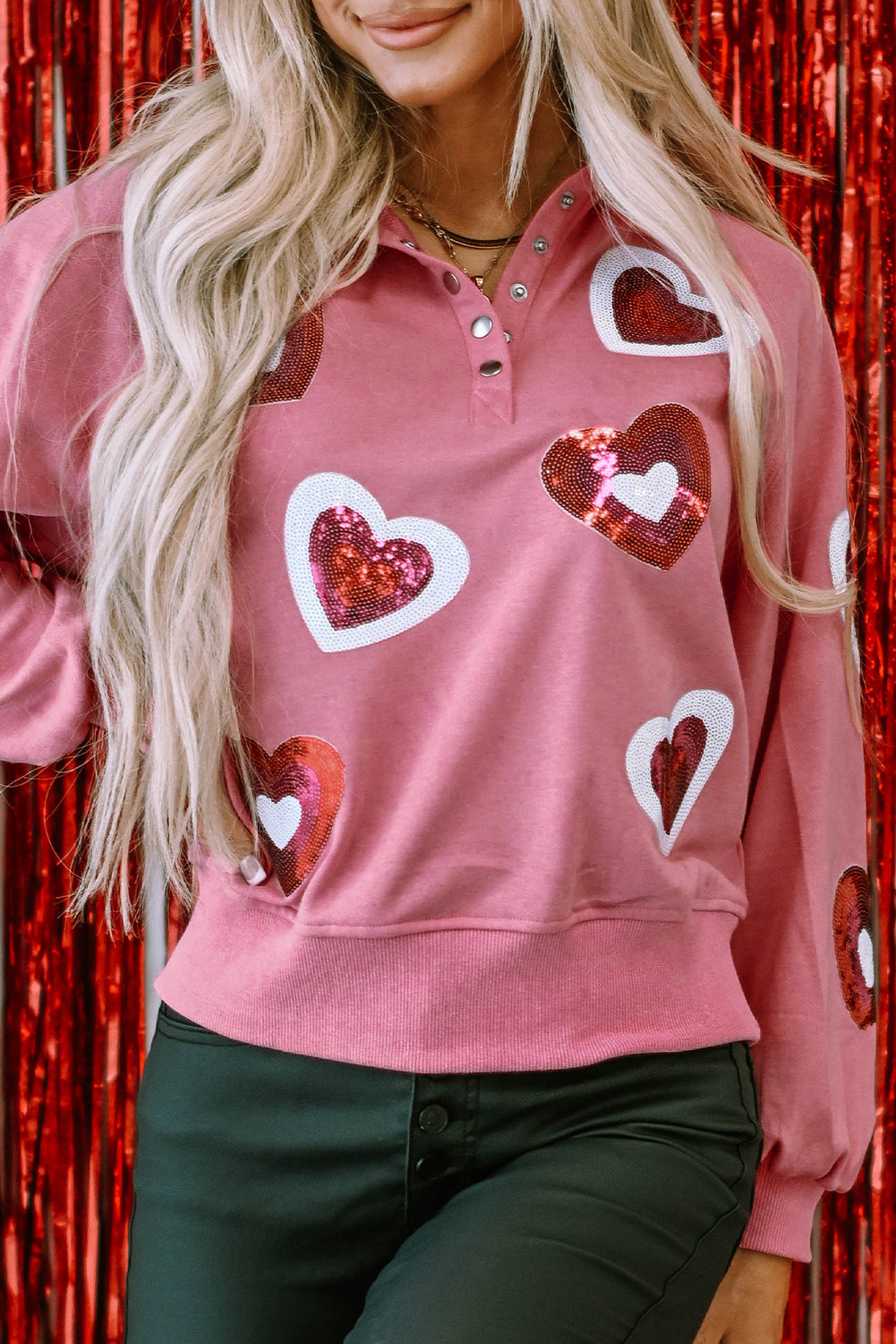 Mineral Wash Sequin Heart Snap Buttons Collared Sweatshirt