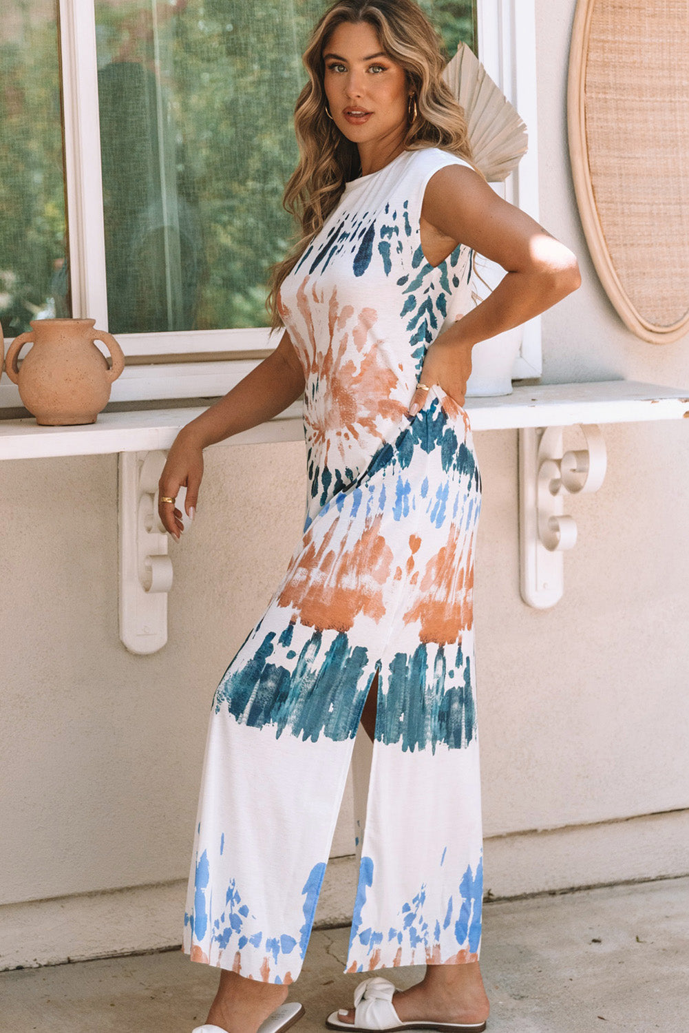 Cap Sleeve Tie Dye Long Slit Dress