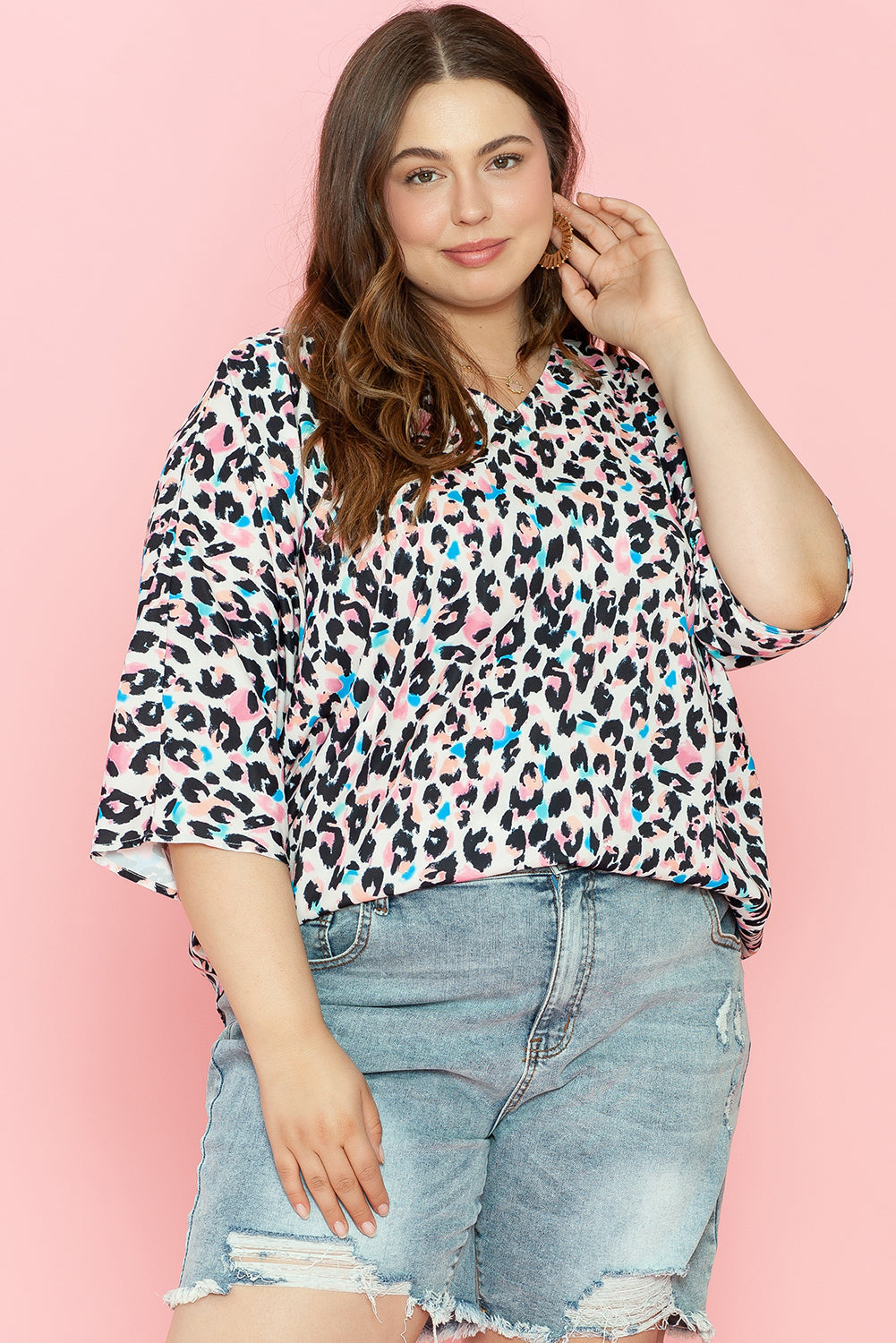 Leopard Print V Neck Batwing Sleeve Plus Size Top