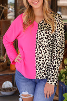 Leopard Color Block Roll Tab Sleeve V Neck Top