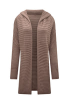 Horizontal Rib Knitted Open Front Hooded Cardigan