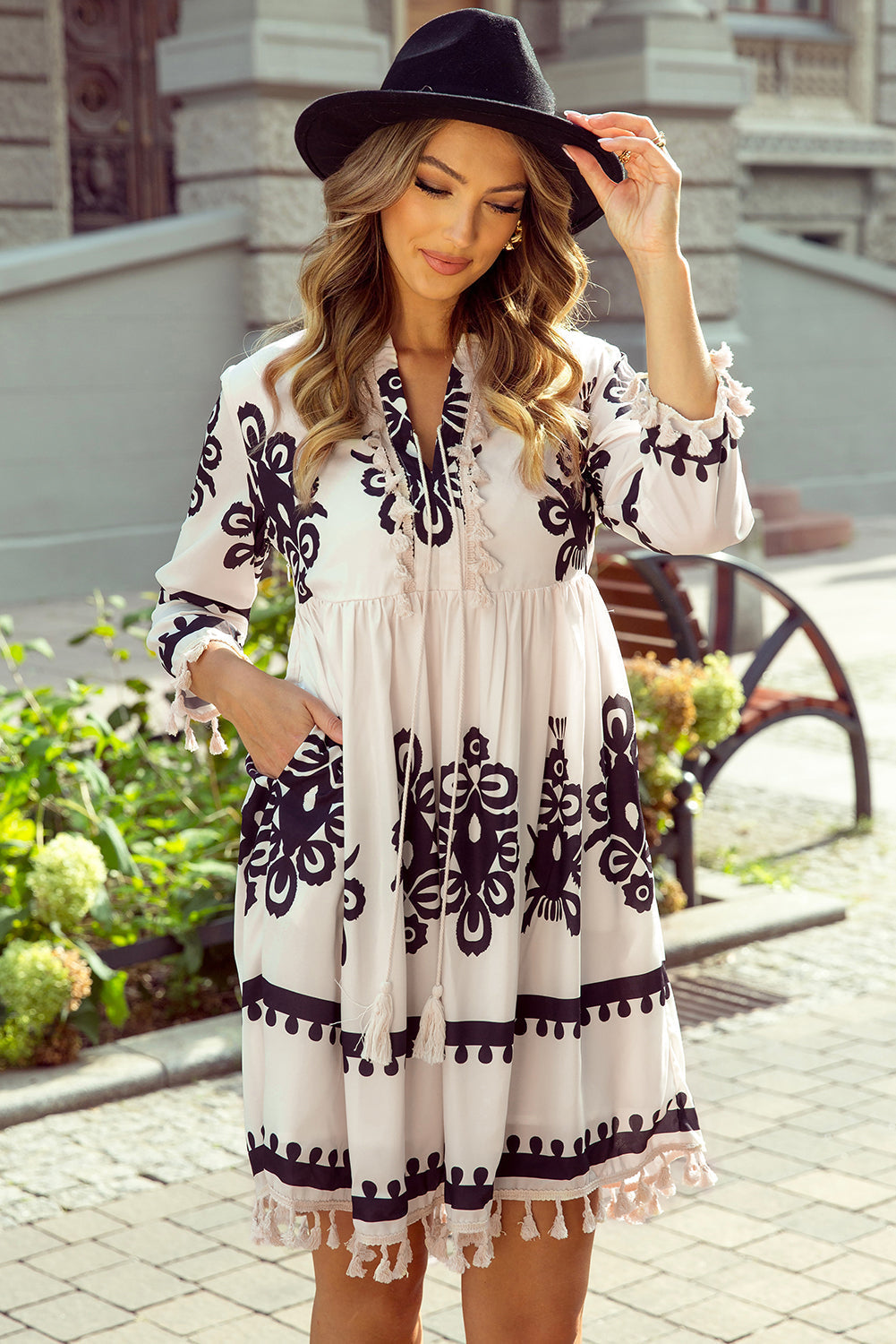 Western Pattern Print Tasseled Notch V Neck Mini Dress