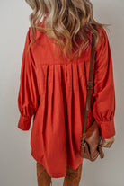 Bishop Sleeve Button Up Pleated Mini Shirt Dress