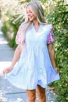 Contrast Floral Puff Sleeve Tiered Ruffle Dress