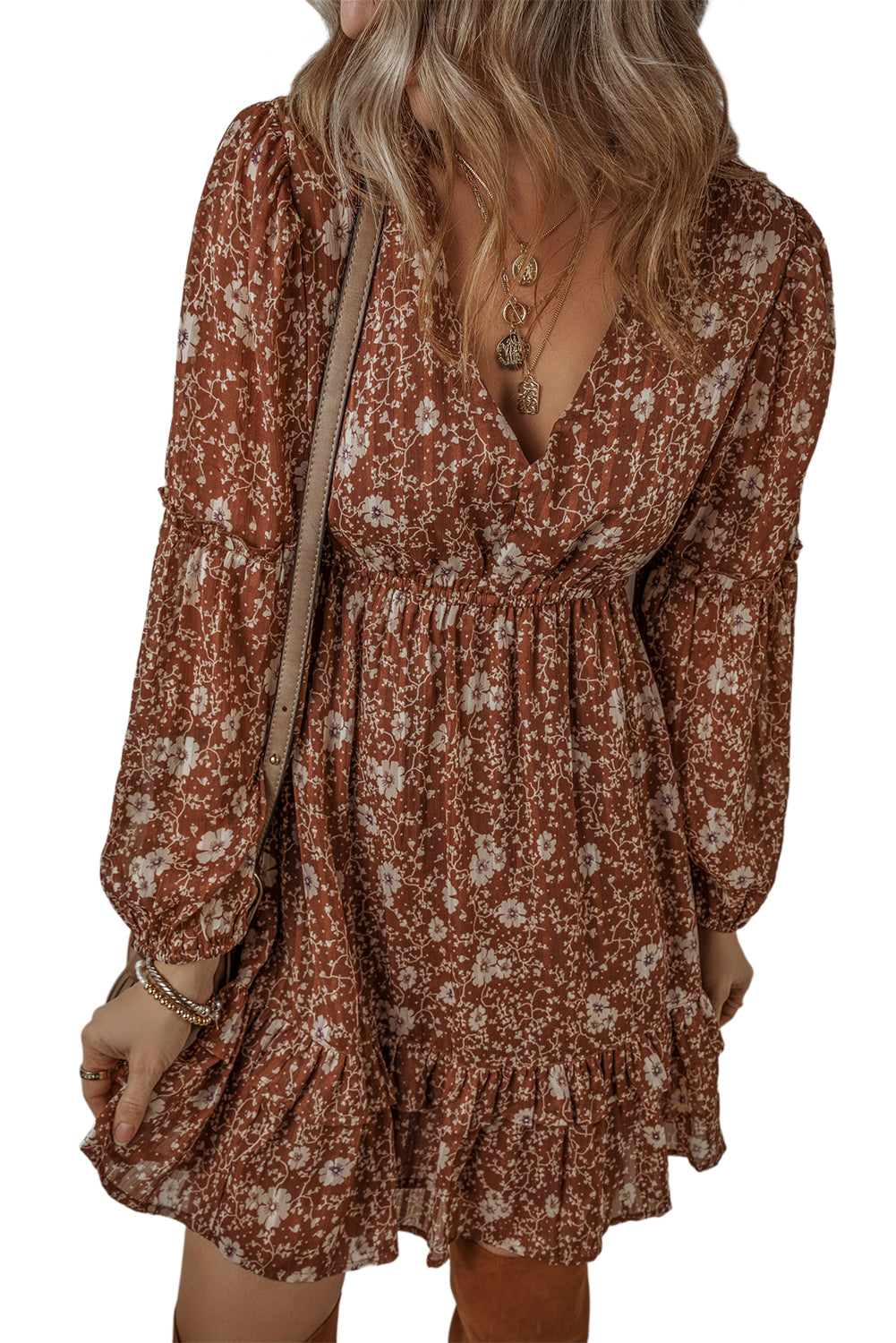 Boho Floral Ruffled Puff Sleeve V Neck Mini Dress