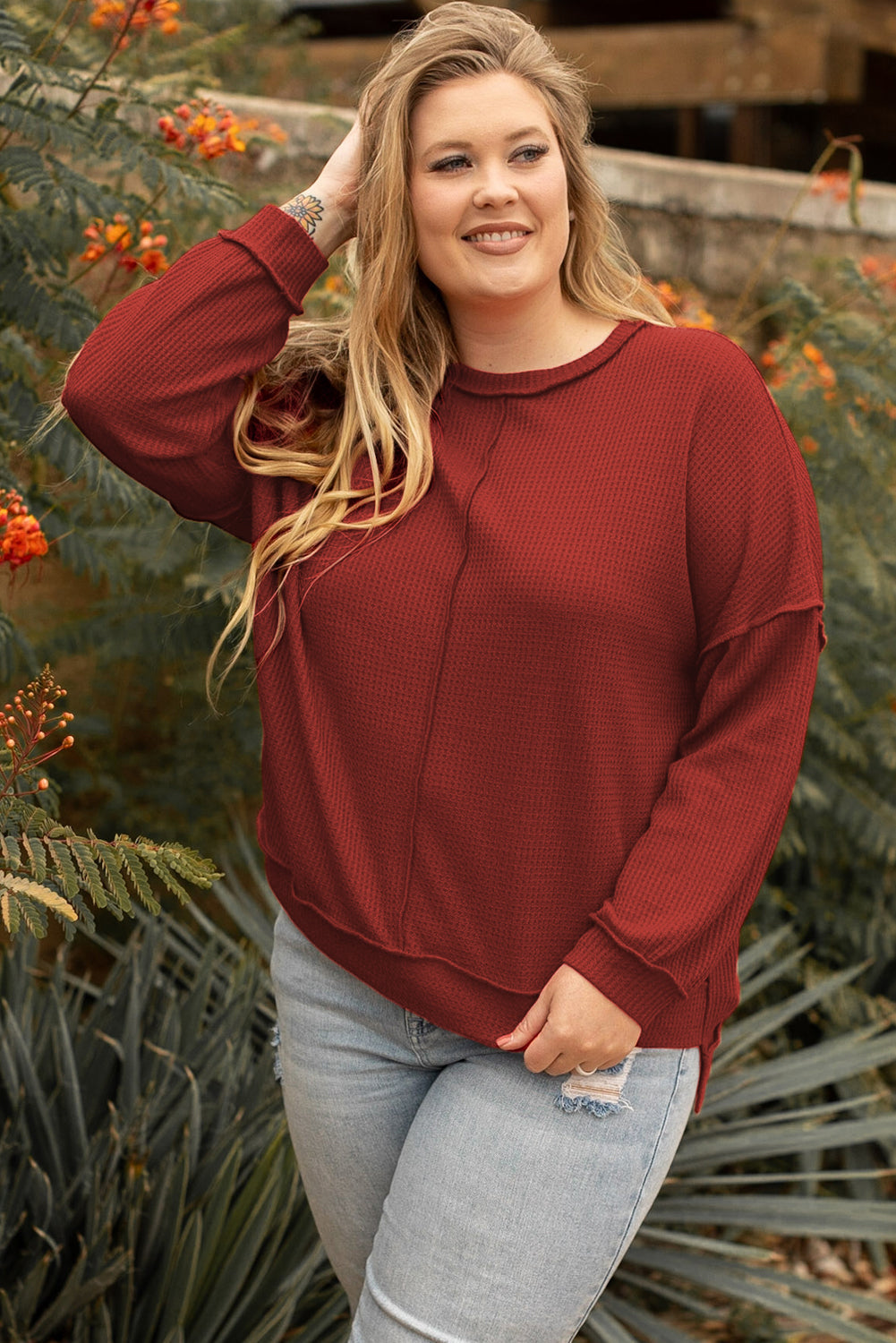 Exposed Seam Detail Waffle Knit Plus Size Top