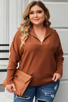 Solid Ribbed Trim Plus Size Zip Collar Sweater