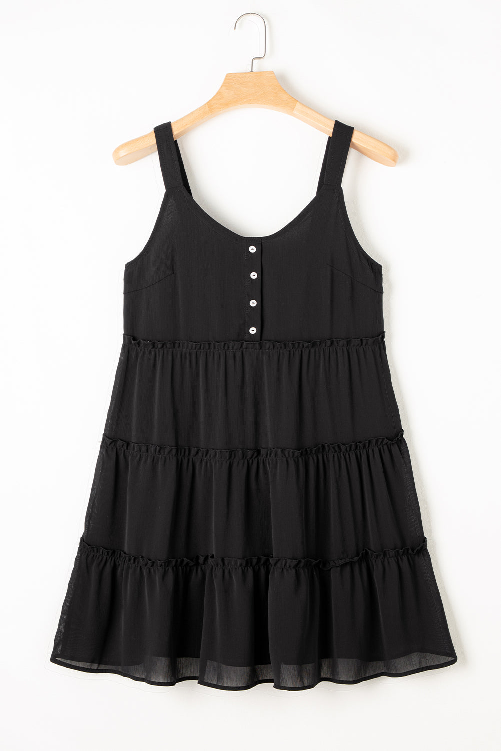 Button V Neck Frilly Tiered Sleeveless Dress