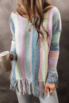 Color Block Fringed Drop Shoulder Tunic Sweater