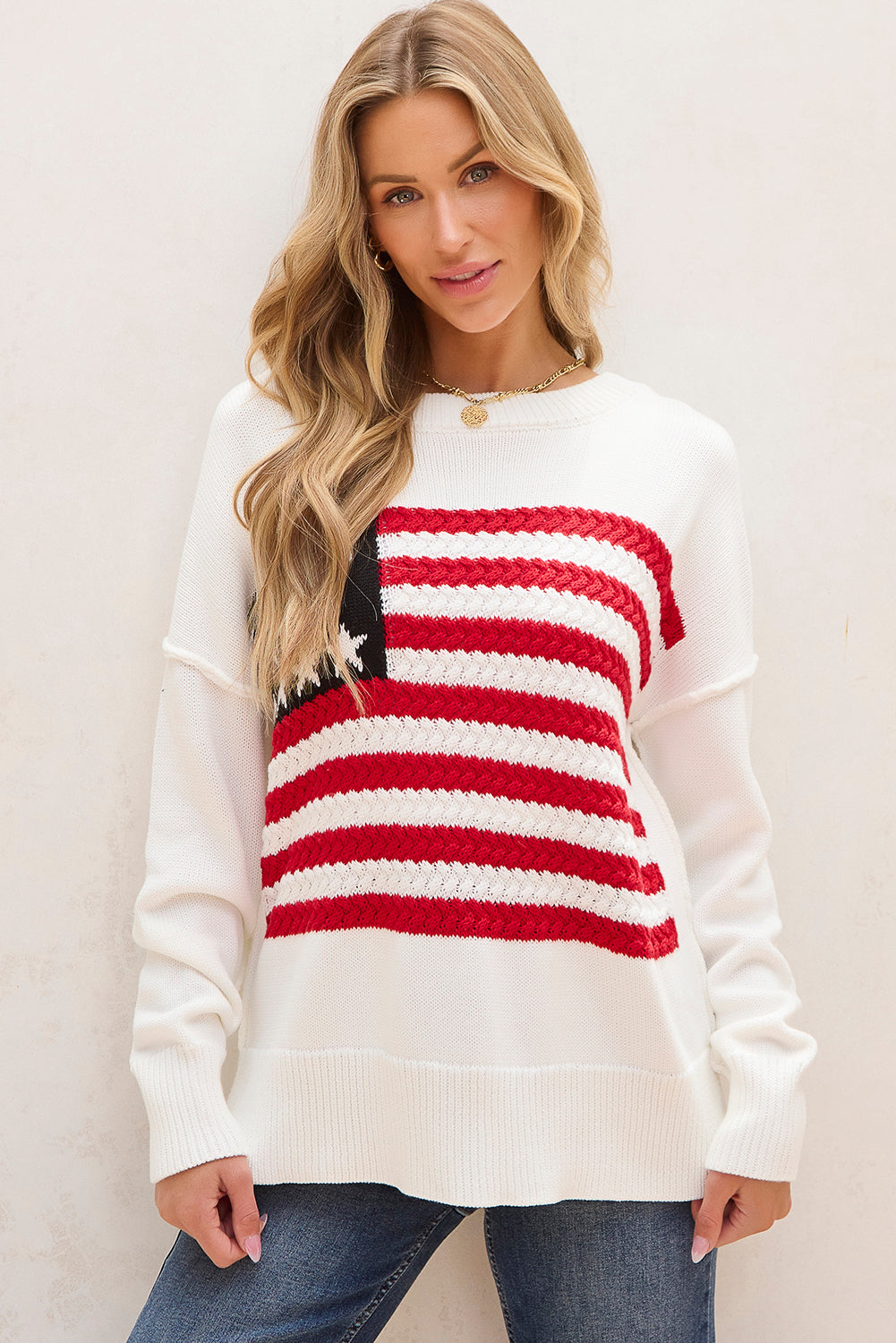 American Flag Cable Knit Drop Shoulder Sweater