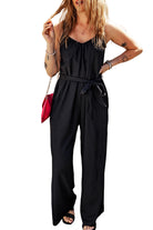 Textured Belted Wide Leg Sleeveless Jumpsuit