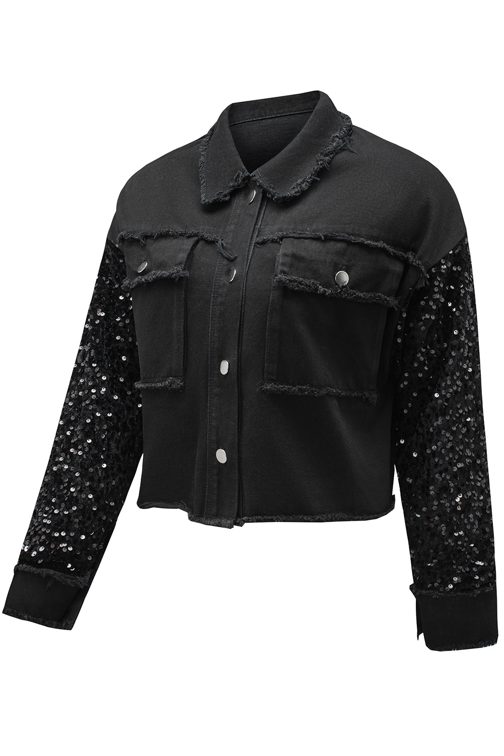 Sequin Sleeve Pocketed Raw Hem Denim Jacket