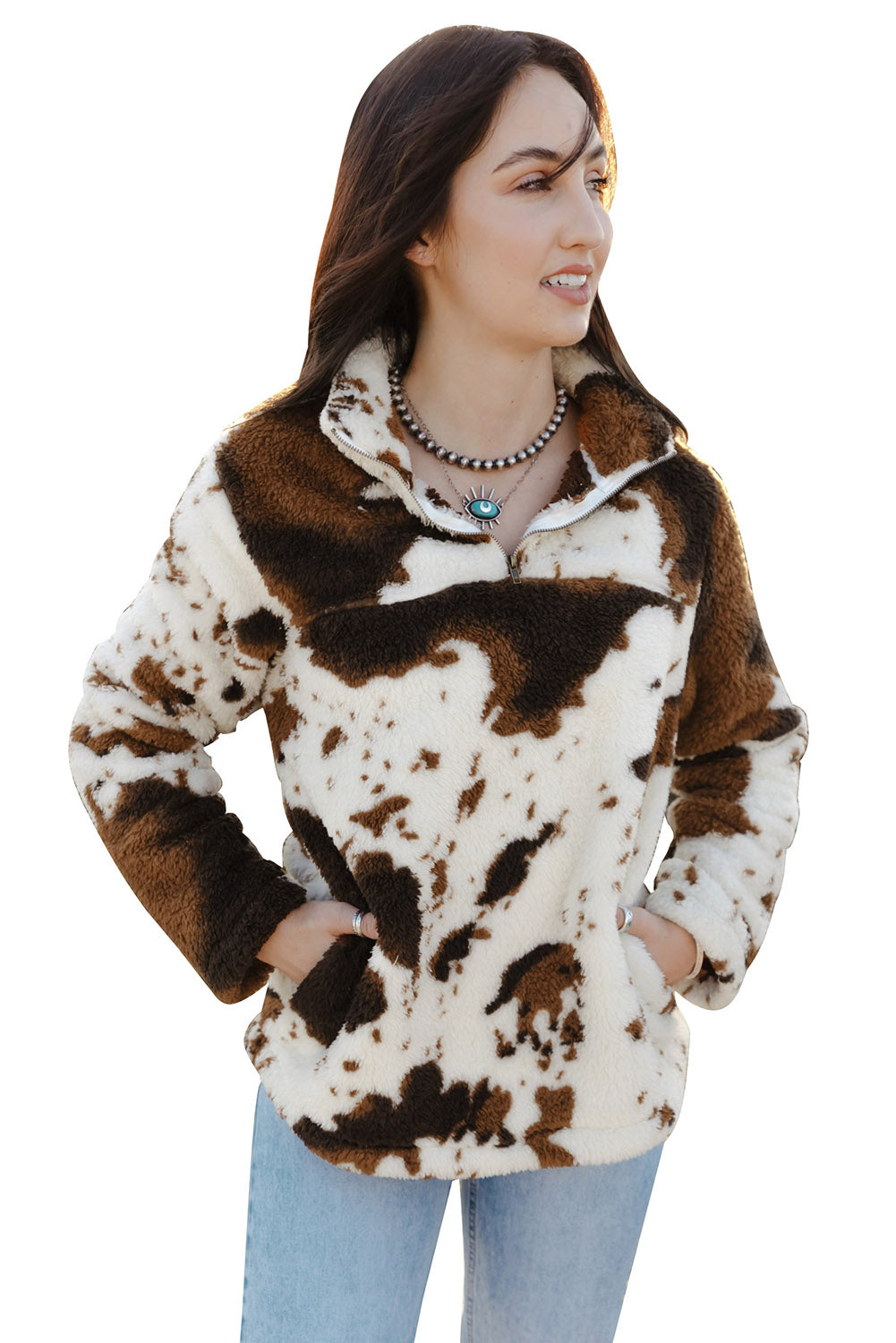 Zip Collar Cow Print Fleece Sweatshirt