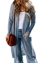 Blue Slub Knit Pocketed Open Front Maxi Cardigan