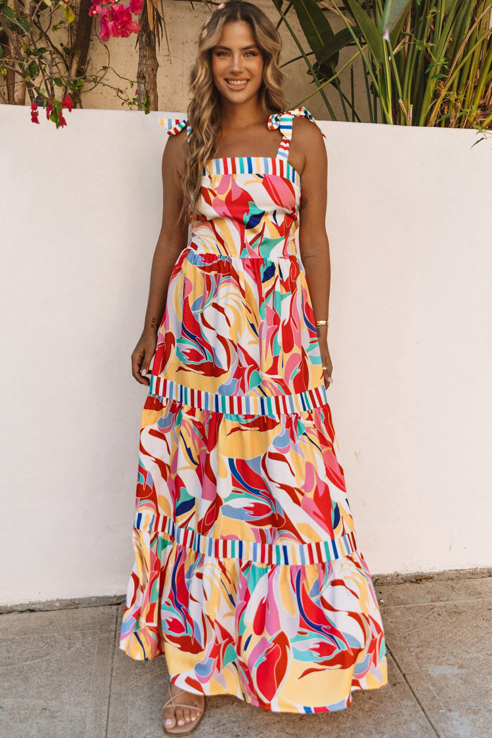 Abstract Print Striped Trim Maxi Sundress