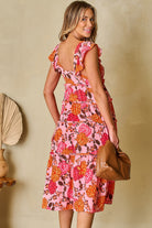 Floral Square Neck Ruffled Flutter Sleeve Tiered Midi Dress