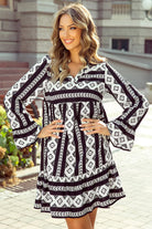 Boho Geometric Printed Flared Long Sleeve Mini Dress