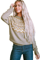 Geometric Pattern Ribbed Round Neck Sweater