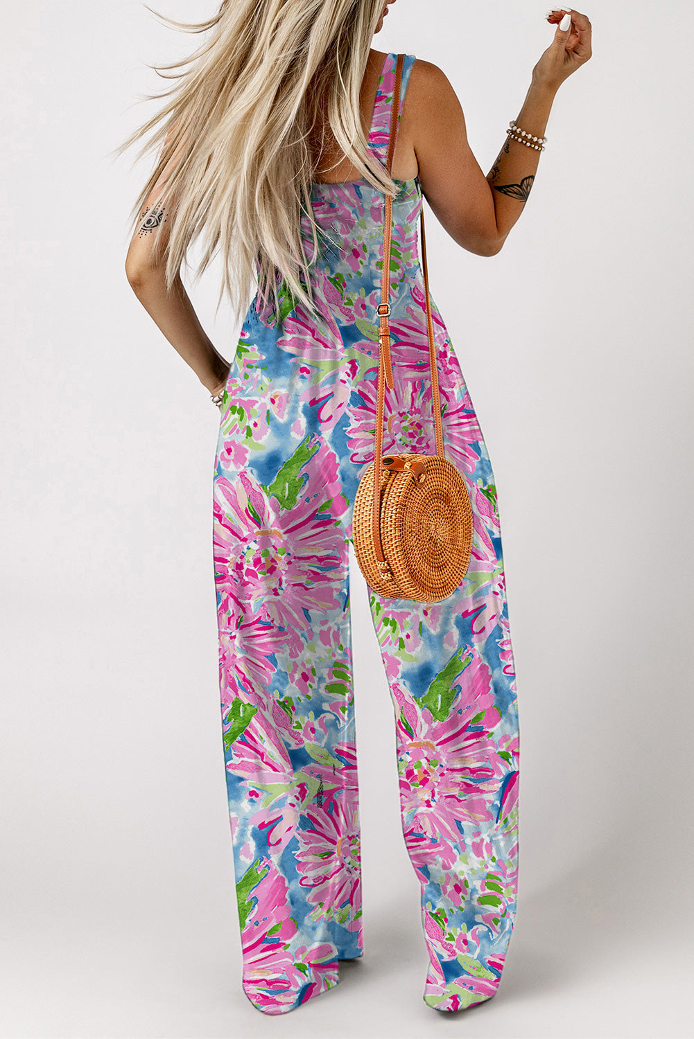 Abstract Floral Painting Smocked Wide Leg Jumpsuit