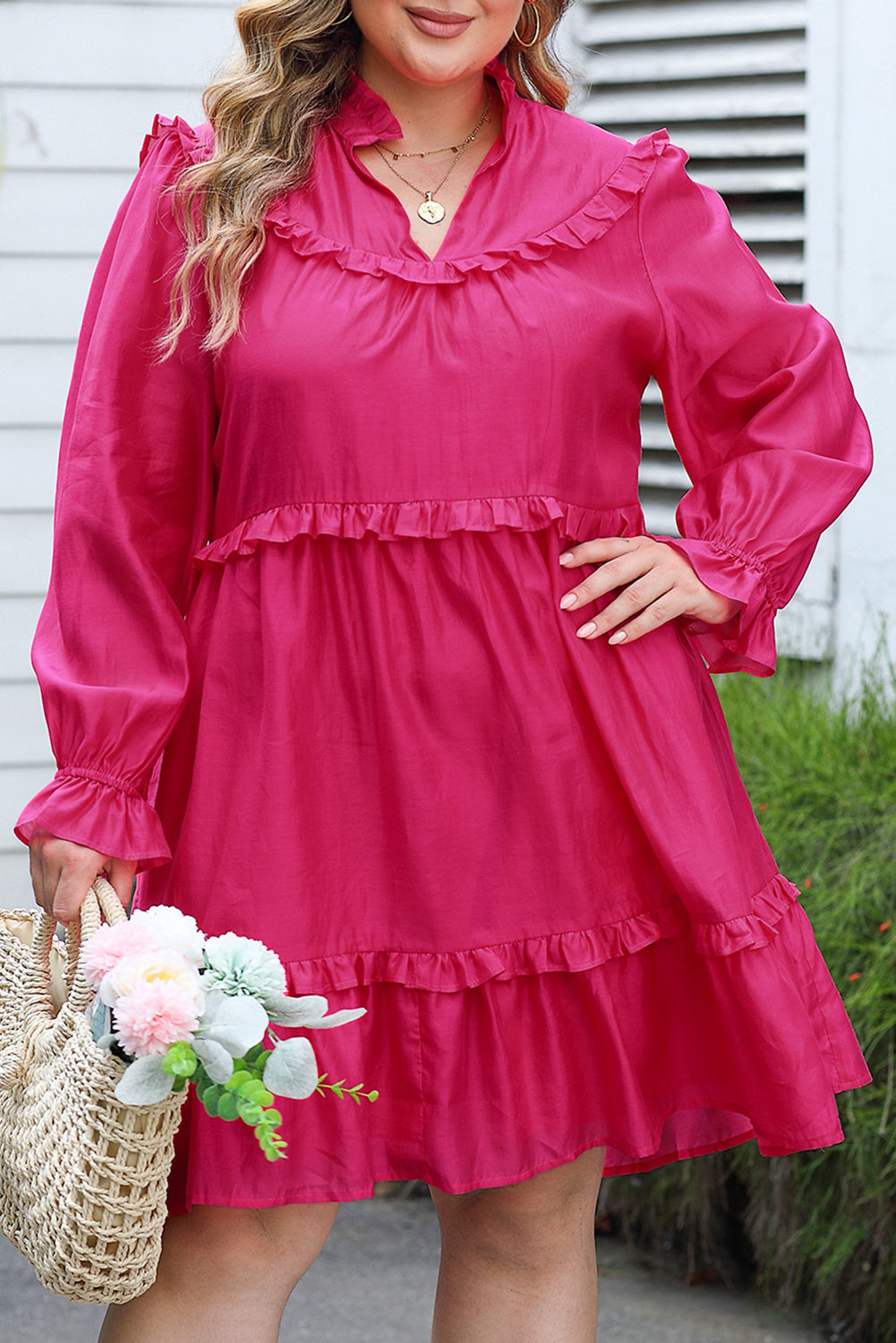 Plus Size Ruffled Bubble Sleeve Dress