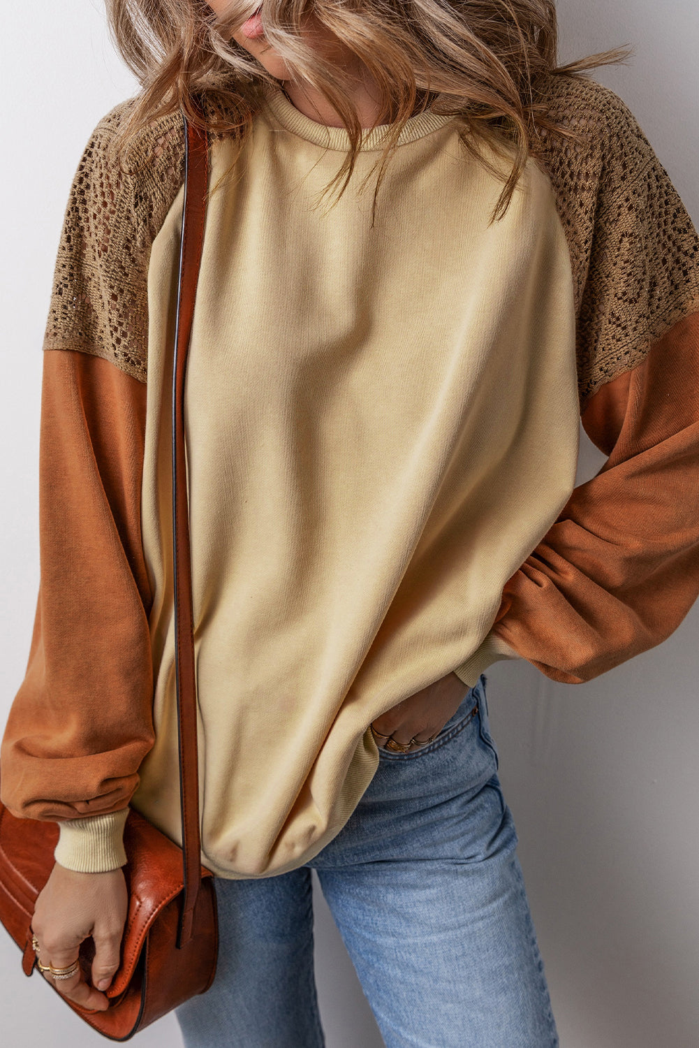 Lace Patchwork Colorblock Drop Shoulder Sweatshirt