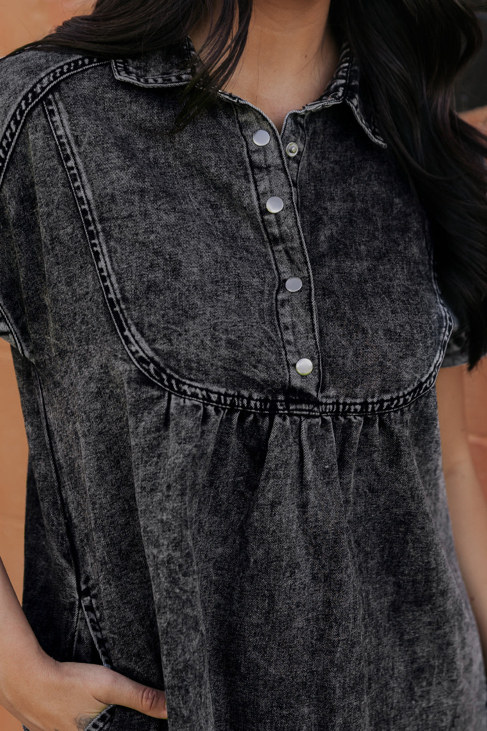 Acid Wash Button Front Collared Short Sleeve Denim Dress