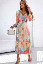 Abstract Print O-ring Cut out Long Sleeve Maxi Dress