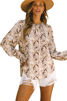 Glitter Snake Grain Pleated Round Neck Blouse