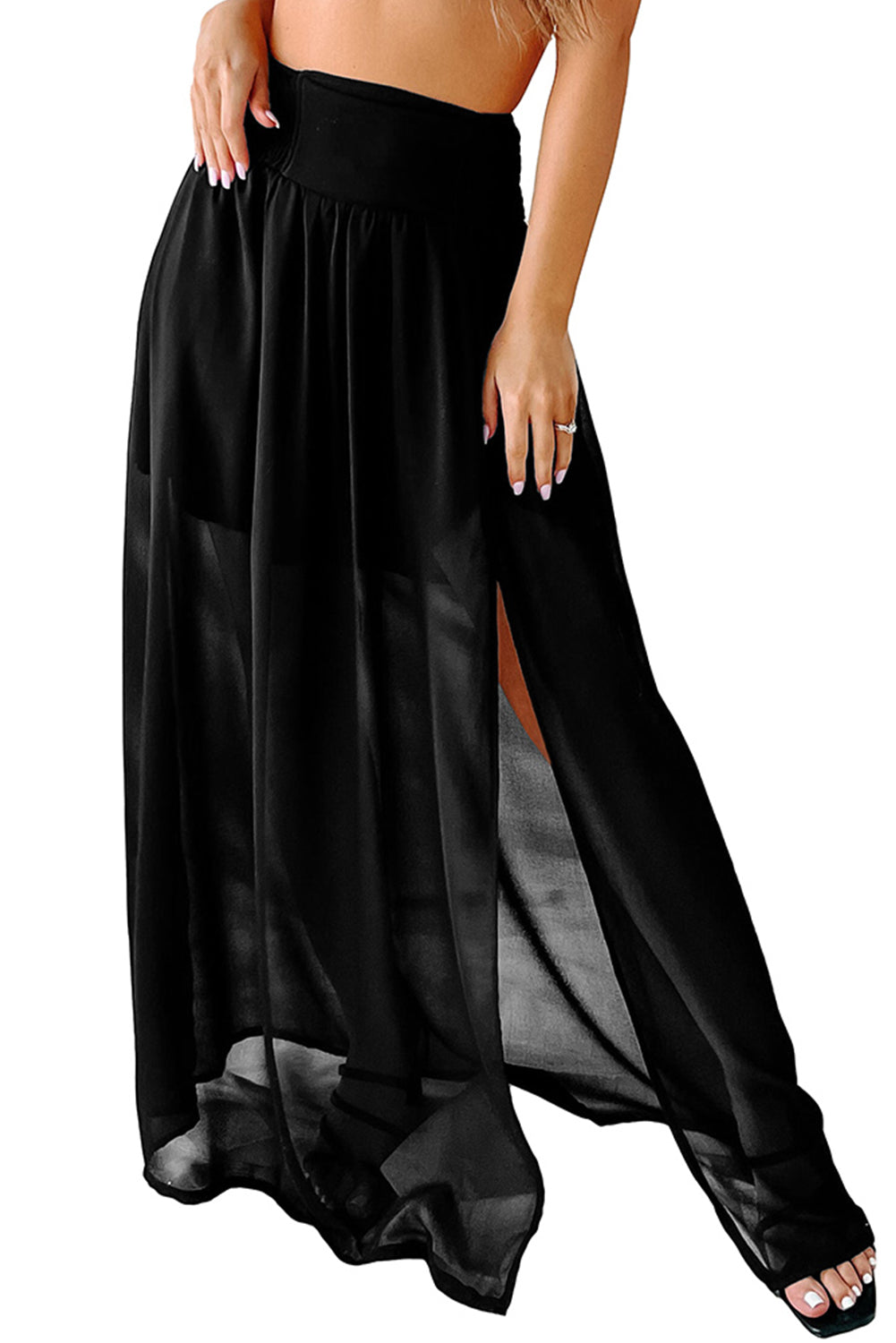 Shirred High Waist Chiffon Split Beach Maxi Skirt