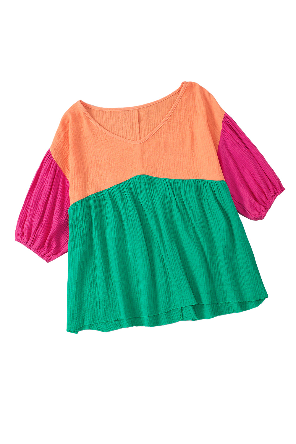 Crinkle Bubble Sleeve Color Block Blouse