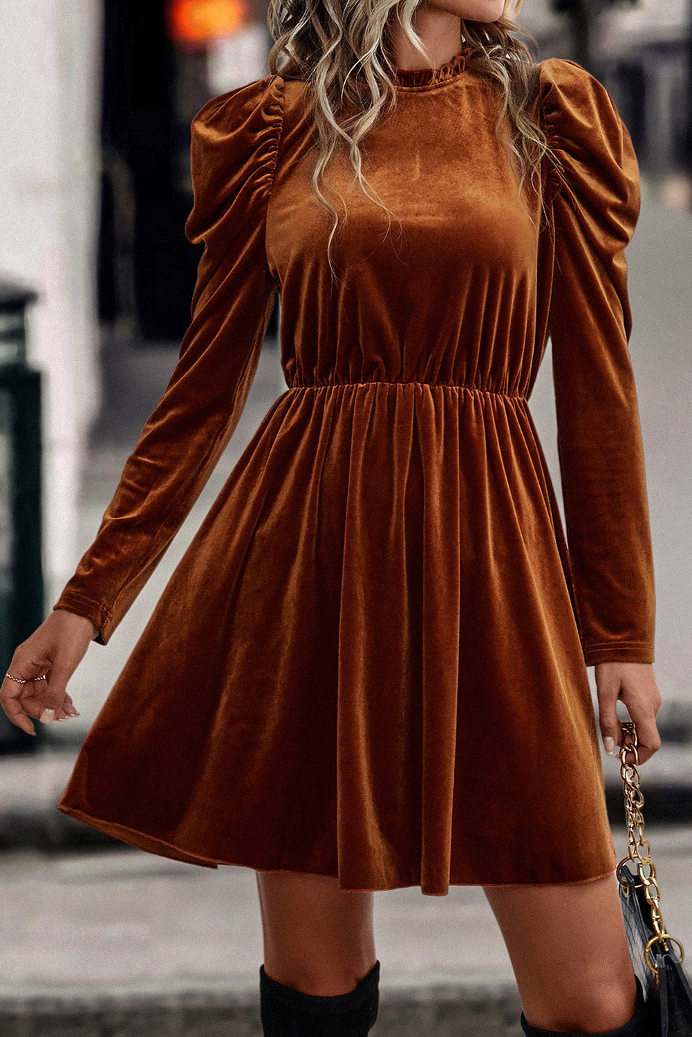 Velvet Frilled Neck Gigot Sleeve Swing Dress