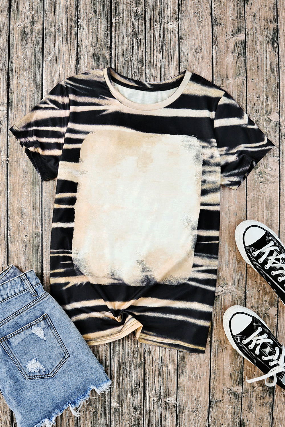 Blue Tie Dye Stripe Print Bleached T-Shirt