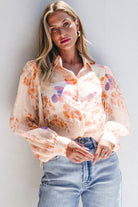 Floral Print Collared Balloon Sleeve Loose Shirt