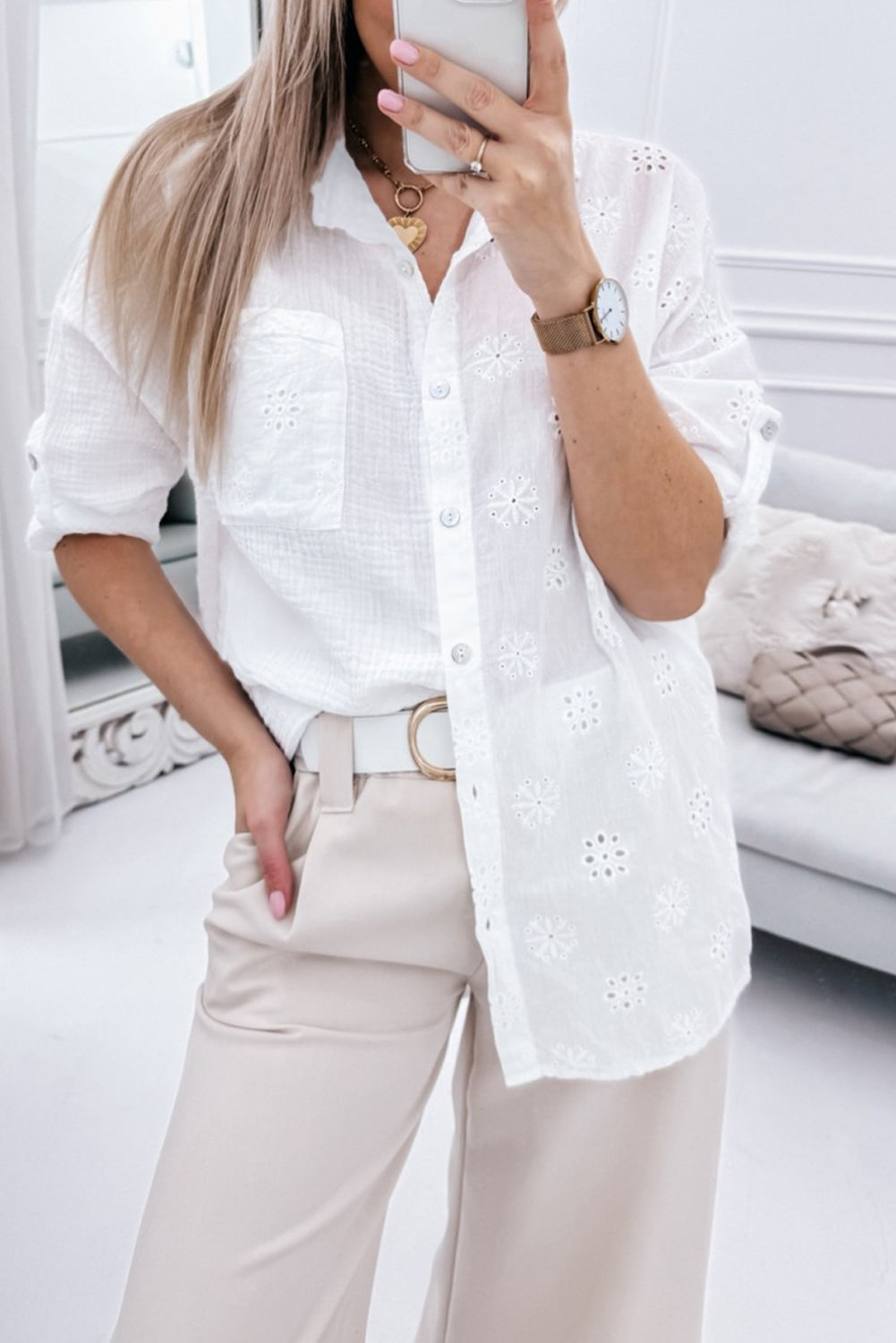 Broidered Anglaise Crinkle Loose Shirt