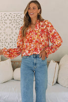 Frilled Split Neck Bubble Sleeve Floral Blouse