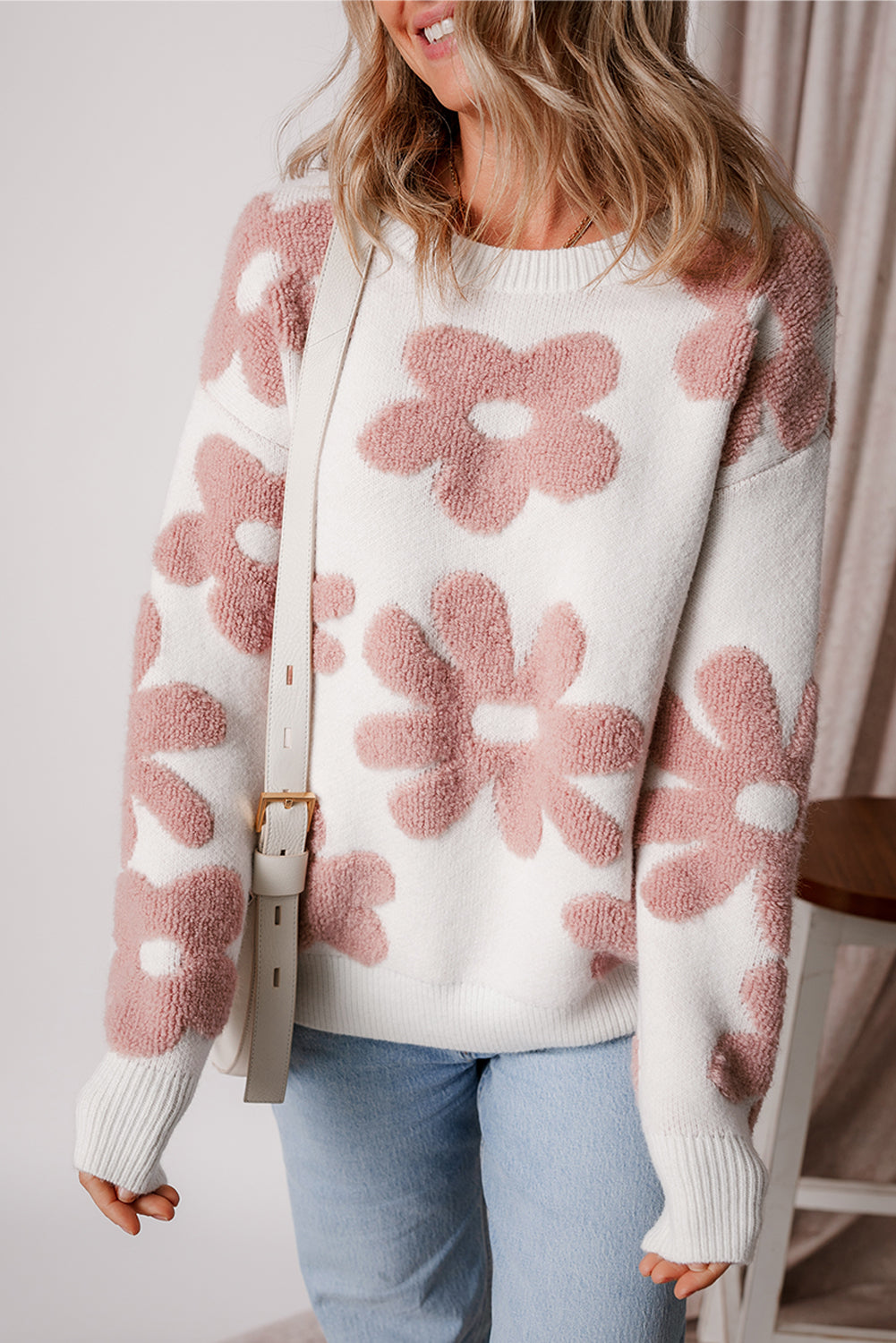 Textured Flower Drop Shoulder Loose Sweater