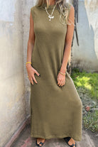 Waffle Knit Sleeveless Long Dress with Slits