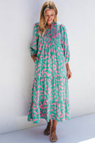 Abstract Print Puff Sleeve Tied Notched Neck Long Dress