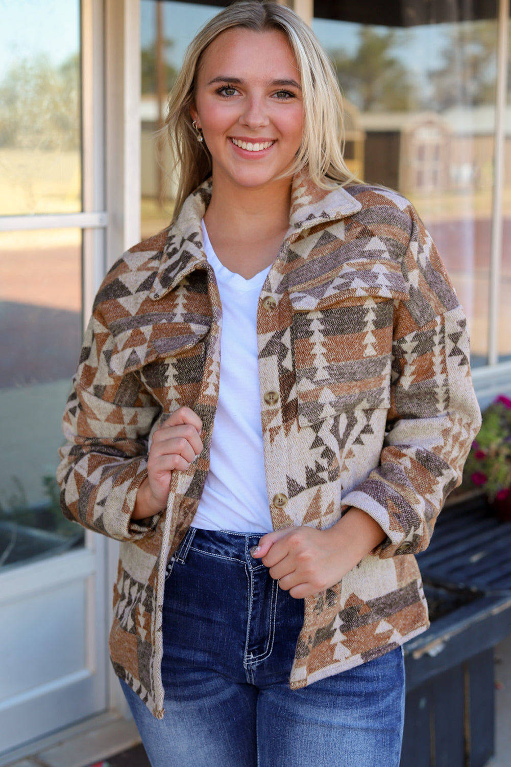 Aztec Print Flap Pocket Button-up Jacket