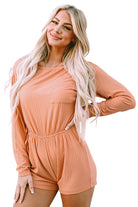 Orange Ribbed Drawstring Waist Long Sleeve Romper