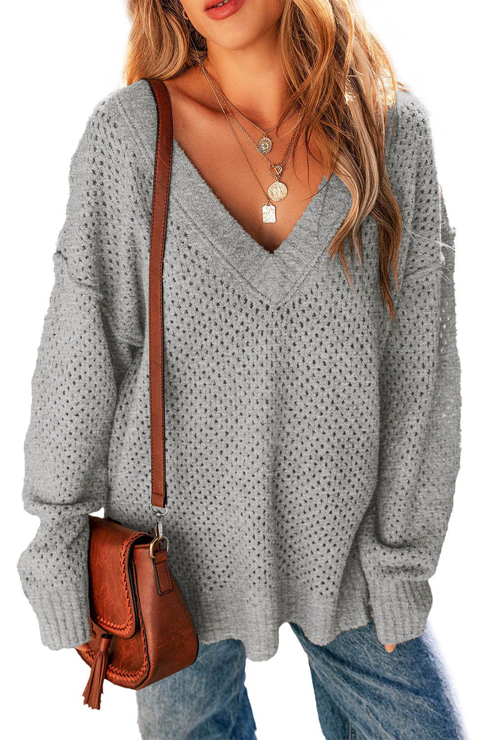 Loose Eyelet V Neck Drop Shoulder Sweater