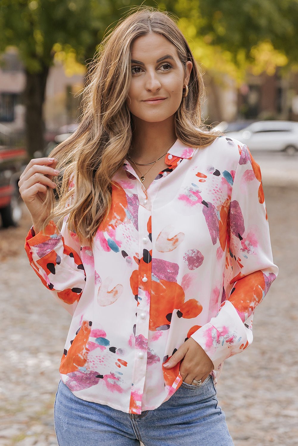 Abstract Print Long Sleeve Button-Down Shirt